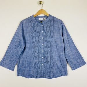 Vermont Country Store Blue Chambray 3/4 Roll Tab Sleeve Shirt Top Womens‎ Medium